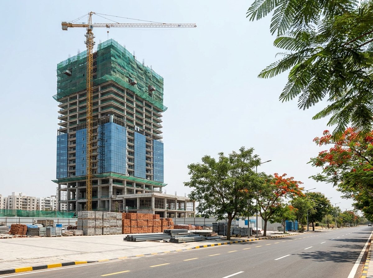 A modern high rise under construction with a tower crane and safety netting